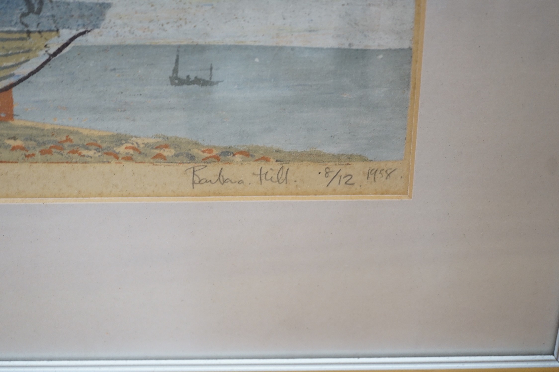 Barbara Hill, limited edition print, 'Fishing Luggers, Hastings, signed and dated 1958, 8/12, 31 x 49cm